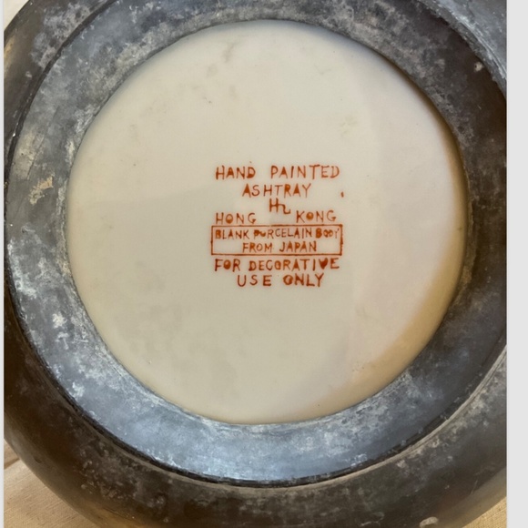 Japan Porcelain Metal Encased Bowl 8” Painted Hong Kong Pink Floral & Green Vtg - Picture 2 of 7